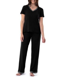 Women's and Women's Plus Soft & Breathable V-Neck Tee and Pant 2-Piece Pajama Set