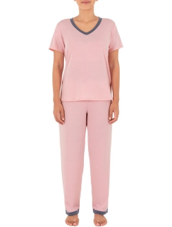 Women's and Women's Plus Soft & Breathable V-Neck Tee and Pant 2-Piece Pajama Set