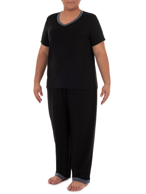 Fruit of the Loom Women's and Women's Plus Soft & Breathable V-Neck Tee and Pant 2-Piece Pajama Set