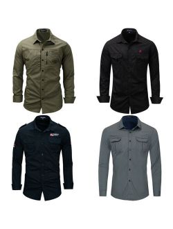 Men's Denim Work Shirt Long Sleeve Solid Cotton Military Shirts with Embroidered