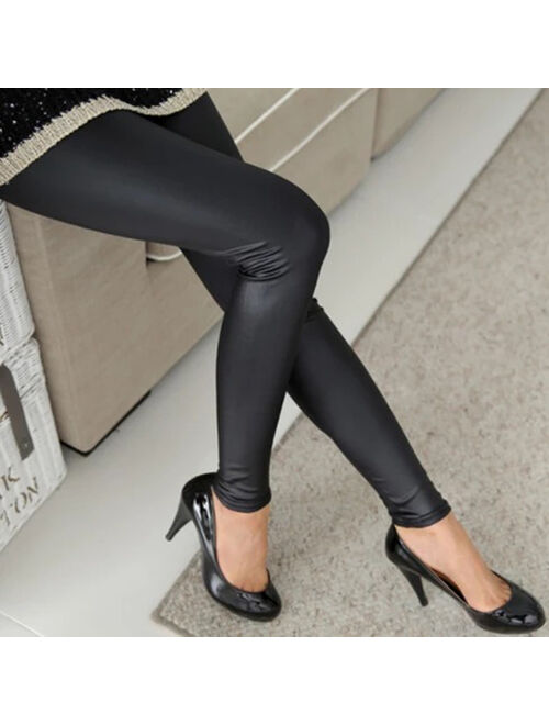 Fashion Womens Plus Size Solid Casual Trousers Sexy Leather Tight Leggings Pants