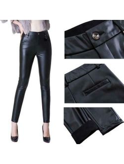 Womens Real Leather Pants Thicken Slim Fit Straight Leg Skinny Sexy Leggings Winter L