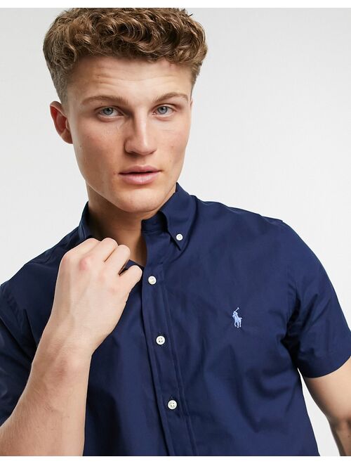 Polo Ralph Lauren player logo short sleeve poplin shirt button down custom regular fit in navy