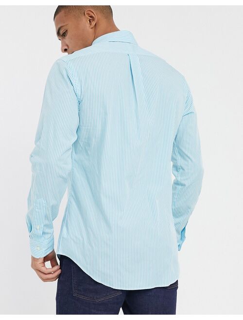 Polo Ralph Lauren player logo stretch poplin stripe shirt custom regular fit button down in turquoise & white