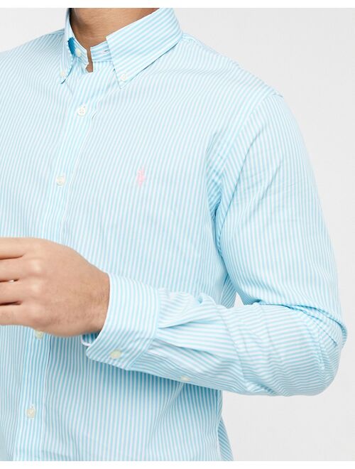 Polo Ralph Lauren player logo stretch poplin stripe shirt custom regular fit button down in turquoise & white