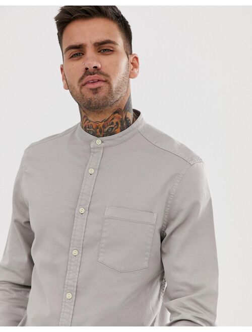 ASOS DESIGN stretch slim denim shirt in gray with grandad collar