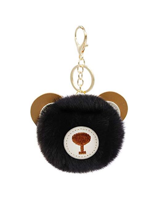 Women's Cute Puffball Teddy Bear keychain Faux Fur Ball Pom Pom Handbag Purse Plush Holder Keyring