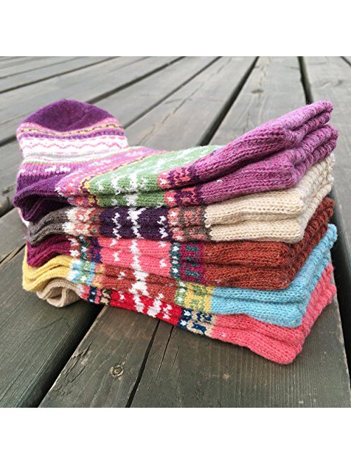 Coolmade 5Pack Womens Vintage Winter Soft Warm Thick Cold Knit Wool Crew Socks, Multicolor, free size