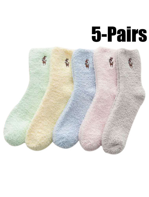 5 Pairs Plush Socks Cartoon Cat Fawn Coral Velvet Fuzzy Socks Winter Warm Socks Ankle Socks for Women