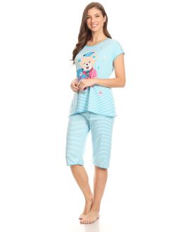 5012C Womens Capri Set Sleepwear Cotton Pajamas - Woman Sleeveless Sleep Nightshirt Blue 51 M