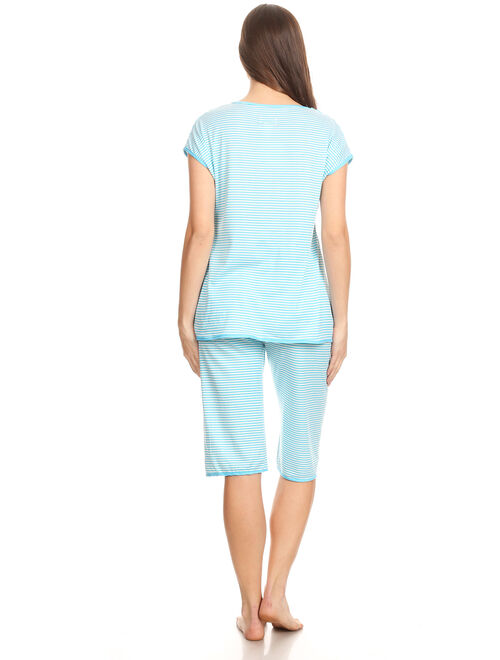 5012C Womens Capri Set Sleepwear Cotton Pajamas - Woman Sleeveless Sleep Nightshirt Blue 51 M