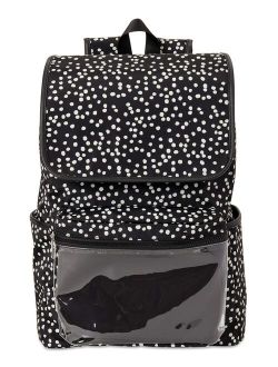 Nylon Flap Backpack with Vinyl Pocket, Black Dot