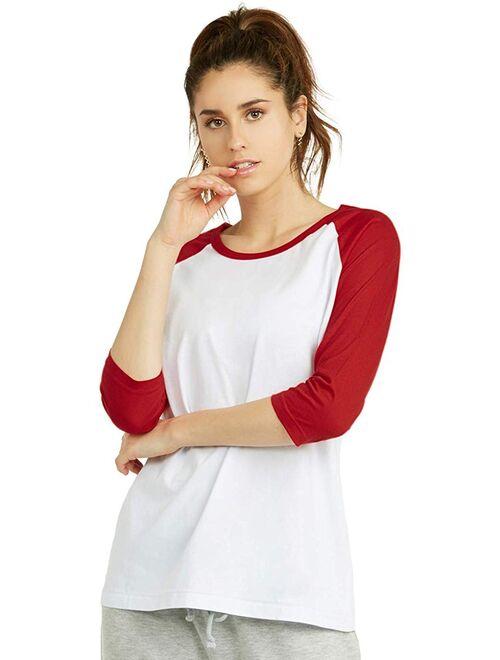 DailyWear Womens Casual 3/4 Sleeve Plain Baseball Cotton T Shirts (RED/WH, Medium)