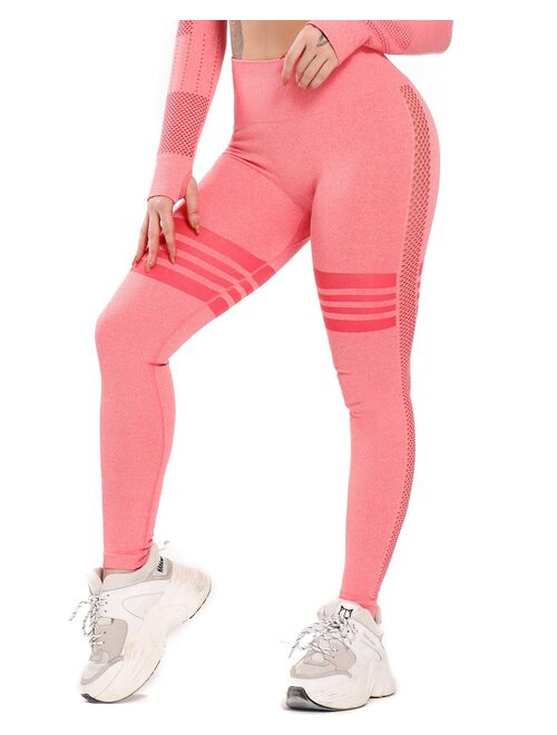 SEASUM Women's High Waist Yoga Leggings Hollow Out Workout Running Pants Tummy Control Seamless Gym Sports Fitness Tights Athletic Pants Pink M