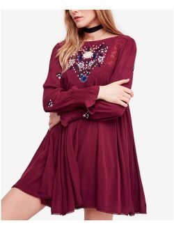 Womens Burgundy Embroidered Pleated V-back Floral Long Sleeve Jewel Neck Knee Length Dress Size: S