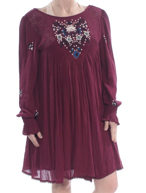 FREE PEOPLE Womens Burgundy Embroidered Pleated V-back Floral Long Sleeve Jewel Neck Knee Length Dress Size: S