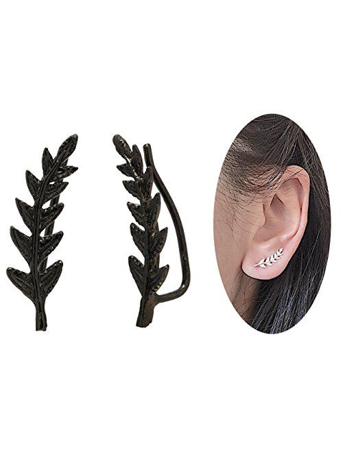 Leaf Crawler Cuff Earrings, Olive Leaf - 925 Sterling Silver with 18K Gold Plating