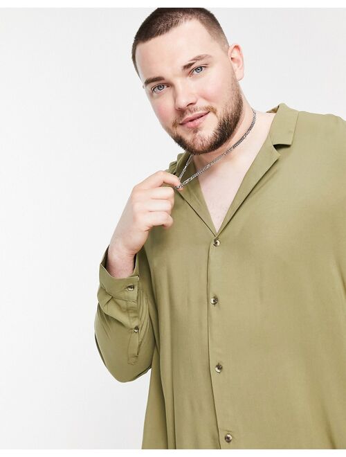 ASOS DESIGN Plus relaxed fit viscose shirt with low camp collar in khaki