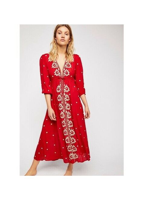 Free People Fable Embroidered Red White Midi Dress Nwt M