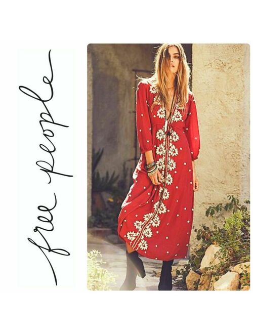 Free People Fable Embroidered Red White Midi Dress Nwt M