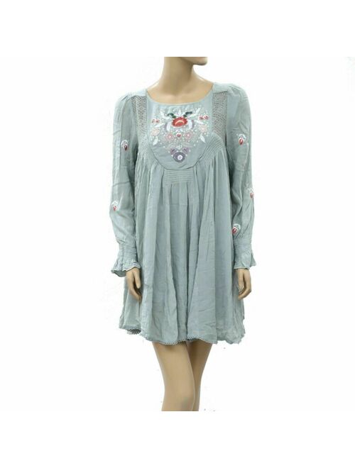 Free People Mohave Embroidered Mini Dress Lace Smocked Mint Boho S NWD 209405