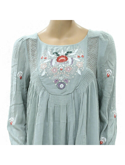 Free People Mohave Embroidered Mini Dress Lace Smocked Mint Boho S NWD 209405