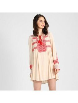 Wind Willow Mini Dress Embroidered Cotton Flowy Beige S New 205192
