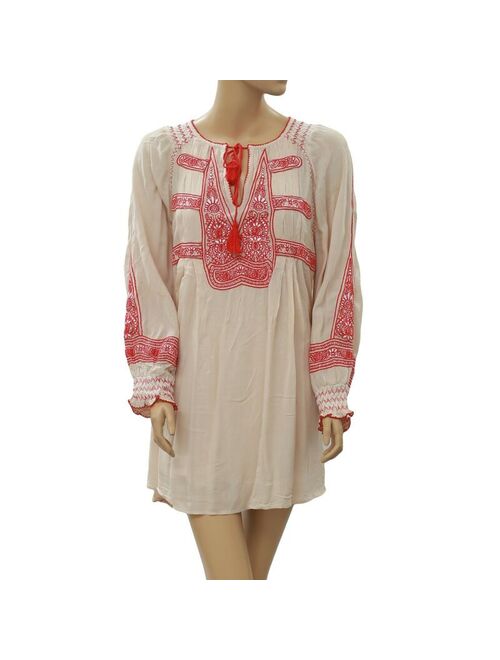 Free People Wind Willow Mini Dress Embroidered Cotton Flowy Beige S New 205192