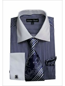 Men's Dress Shirt with French Cuff, Tie and Handkerchief/Links Navy/Striped Blue
