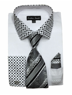 Men's Cotton Blend Dress Shirt with French Cuff, Tie, Hanky and Cufflinks MS630
