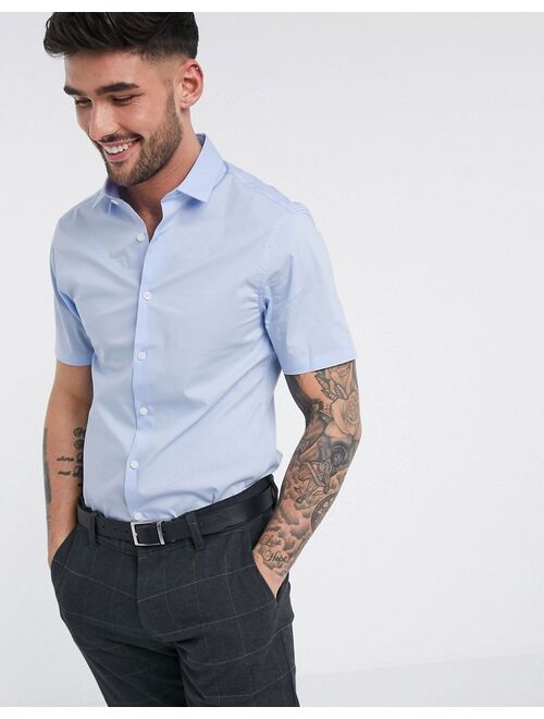 ASOS DESIGN stretch slim fit short sleeve work shirt in blue