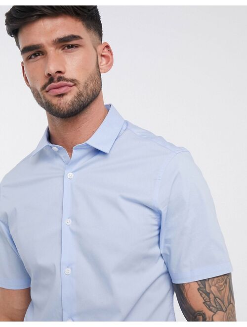 ASOS DESIGN stretch slim fit short sleeve work shirt in blue