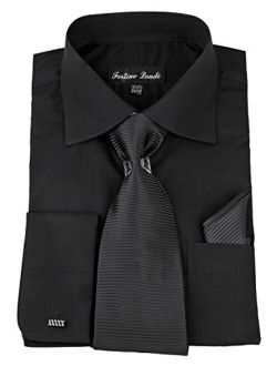 Milano Moda Mens Solid Classic Dress Shirt with Tie, Hankie & French Cuffs SG27