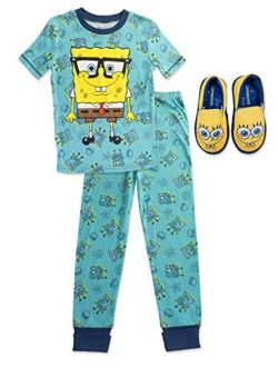 SpongeBob SquarePants Boy's Pajama Set with Slippers,Short Sleeve Top and Pants with Slippers, Size 3T to Size 8