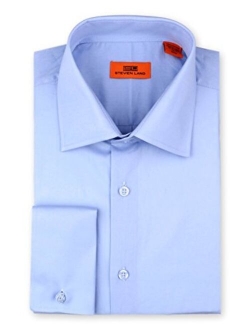 Steven Land Men's Signature Solid Poplin Dress Shirt, Long Sleeve, 100% Cotton French Cuff, Available Big and Tall