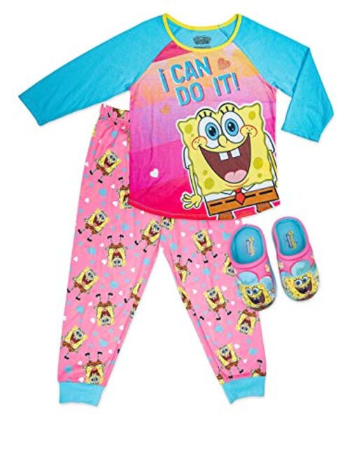 SpongeBob Girls Pajama Set with Slippers,Long Sleeve PJ Set, Girls size 4/5 to 10/12