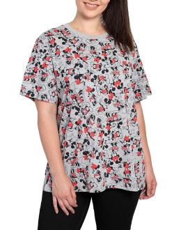 Womens Plus Size Mickey and Minnie Mouse All-Over Print T-Shirt Gray