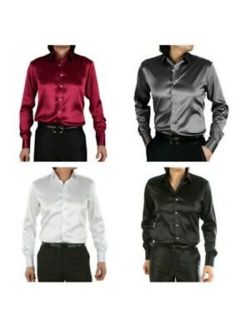 Mens Black Satin Silk Dress Shirt Long Sleeve Slim Business Formal Casual Tops Classic