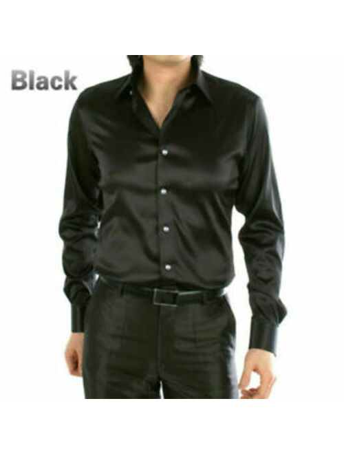 Mens Black Satin Silk Dress Shirt Long Sleeve Slim Business Formal Casual Tops Classic