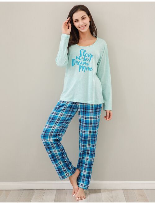 Women's Two Piece Sleepwear Set Knit Top with Flannel Pants RHW2864