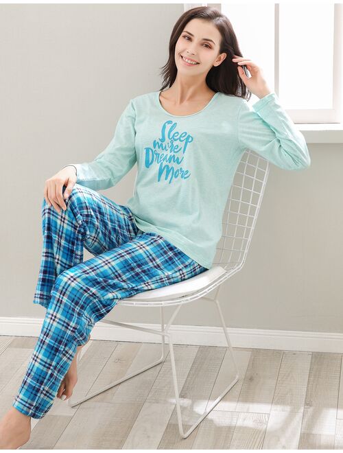 Women's Two Piece Sleepwear Set Knit Top with Flannel Pants RHW2864