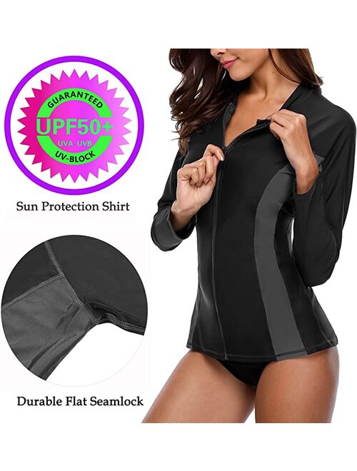 Charmo Women's Rash Guard Swim Shirt Long Sleeve Raglan Zip Front Swimwear Sun Protection Shirt Top