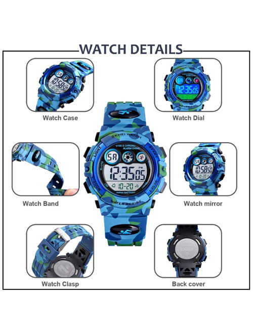 Boys Digital Military Sport Watch, 50M Water Resistant, 7 to 11 year olds, w Gift Box