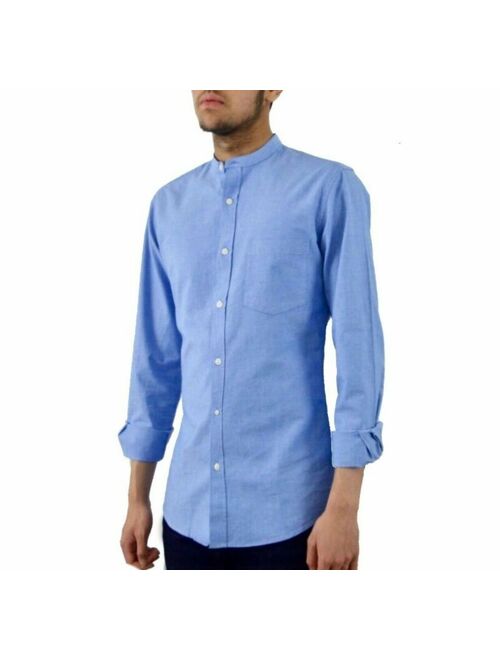 Men's Grandad Collar Long Sleeve Blue Shirt Oxford Cotton Slim Fit Tops S - L