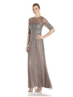 Women's 3/4 Sleeve Beaded Illusion Gown with Sweetheart Neckline