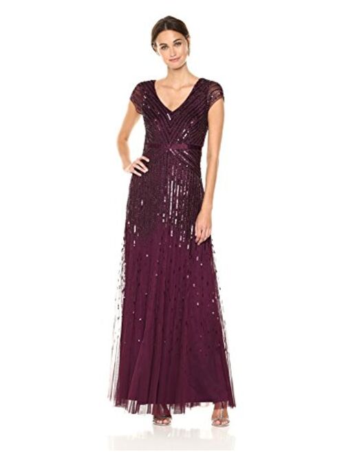 Adrianna Papell Women's Long Beaded V-Neck Gown Dress and Waistband