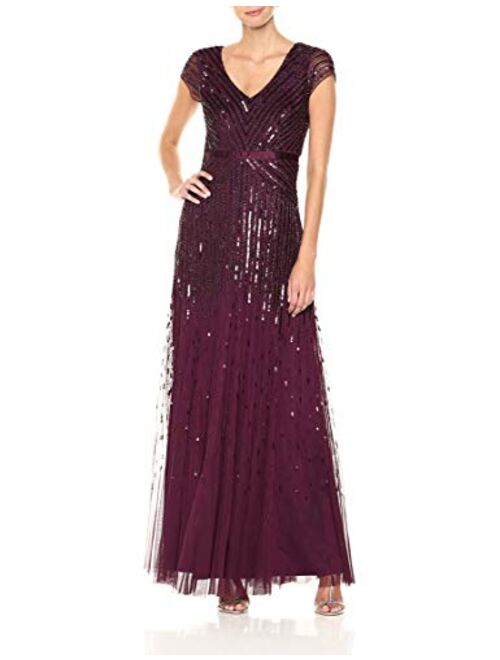 Adrianna Papell Women's Long Beaded V-Neck Gown Dress and Waistband