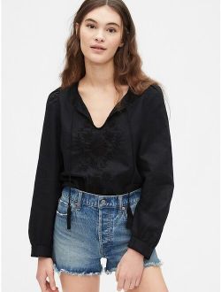 Embroided Tie-Front Top in Linen-Cotton