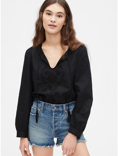 GAP Embroided Tie-Front Top in Linen-Cotton