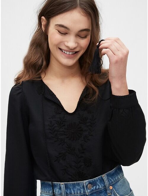 GAP Embroided Tie-Front Top in Linen-Cotton